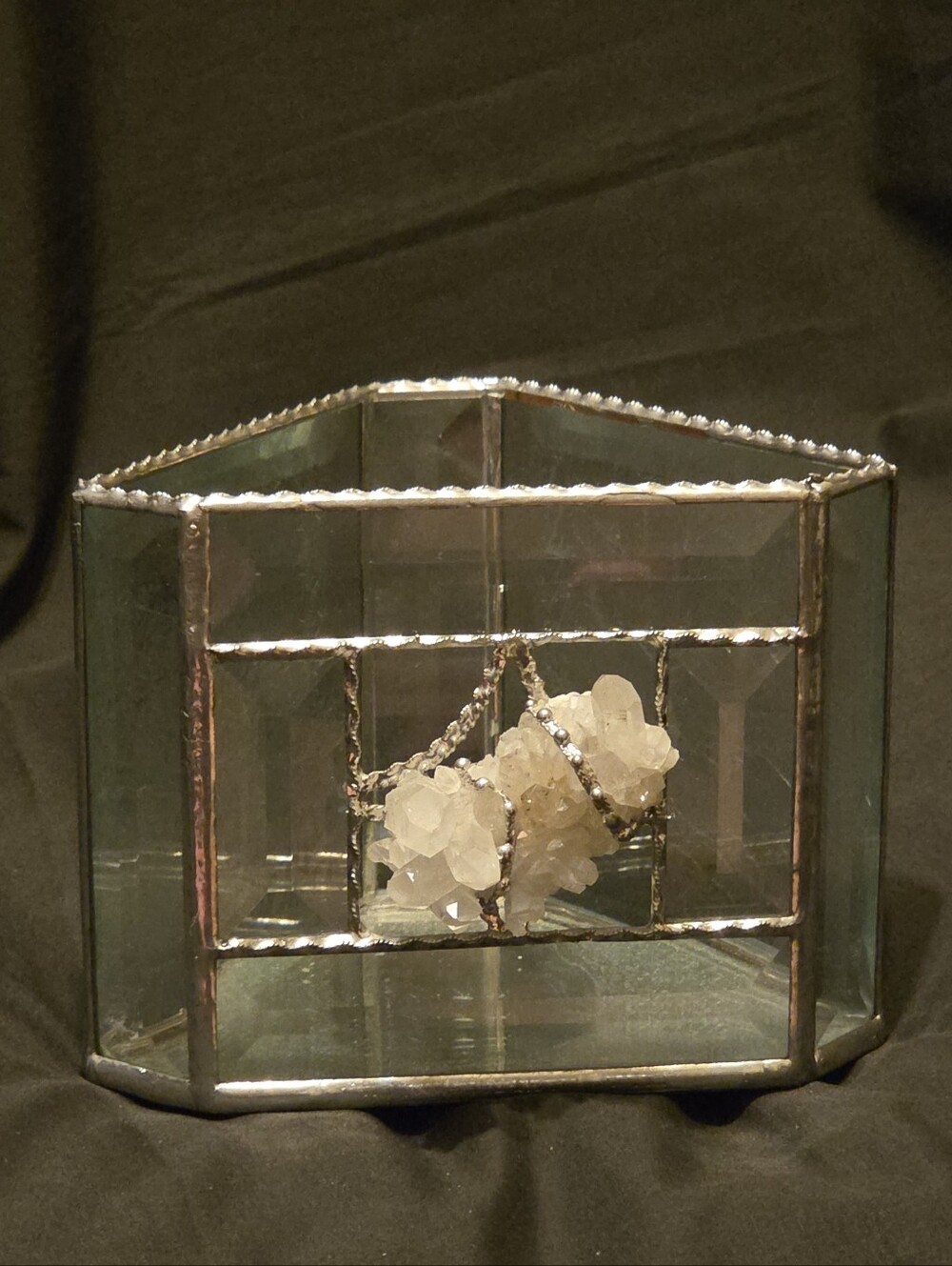 Unique Glass Terrarium or Display Box with a Quartz Crystal Cluster 5.5x4.5x4.25